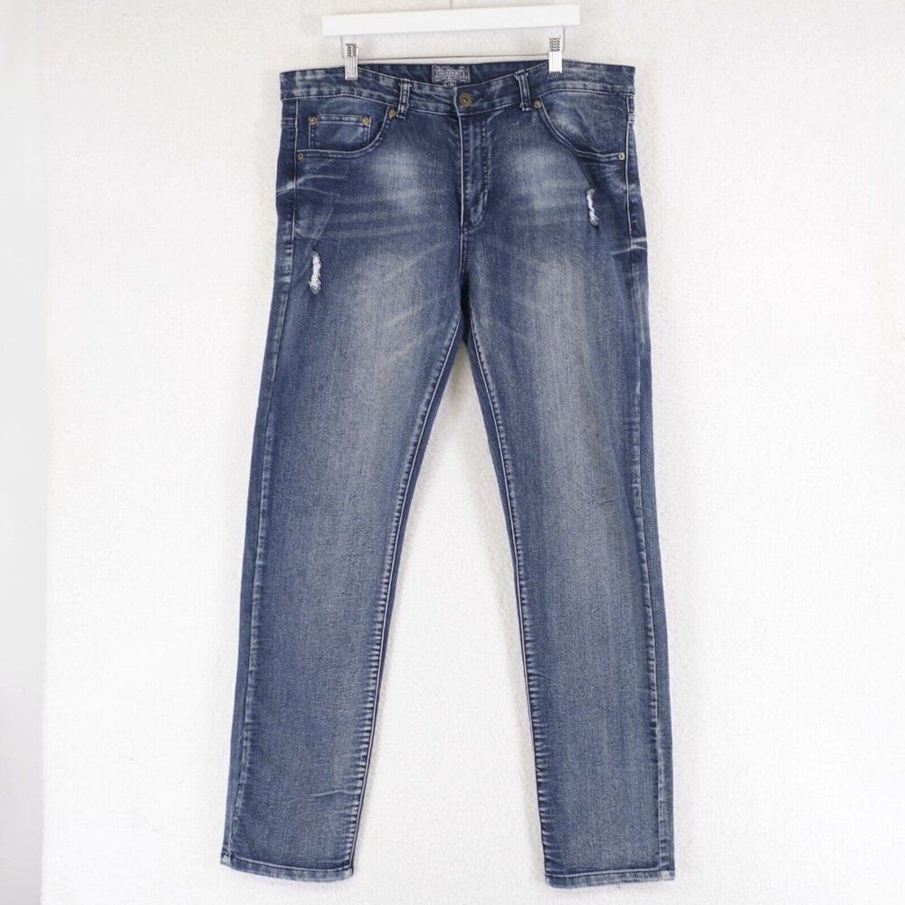Company 81 Stone Wash Wiskering Denim Blue Jeans 38/34 Mid Rise Factory Distress